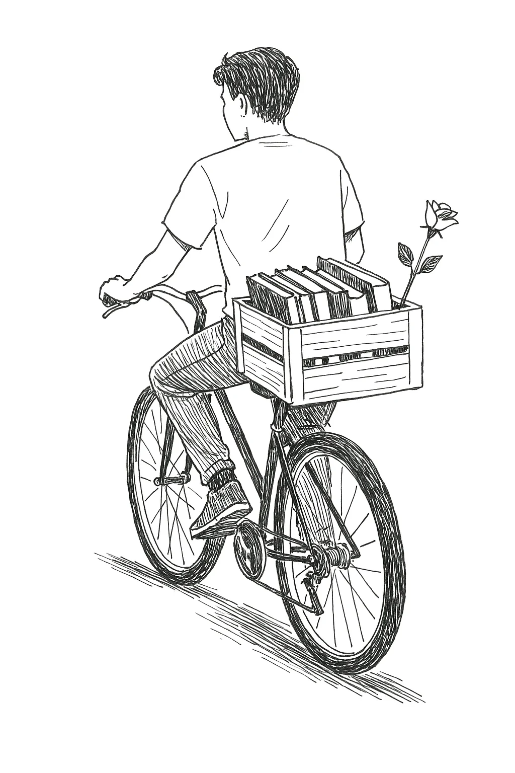 Pen-and-ink drawing of someone cycling with a crate full of books